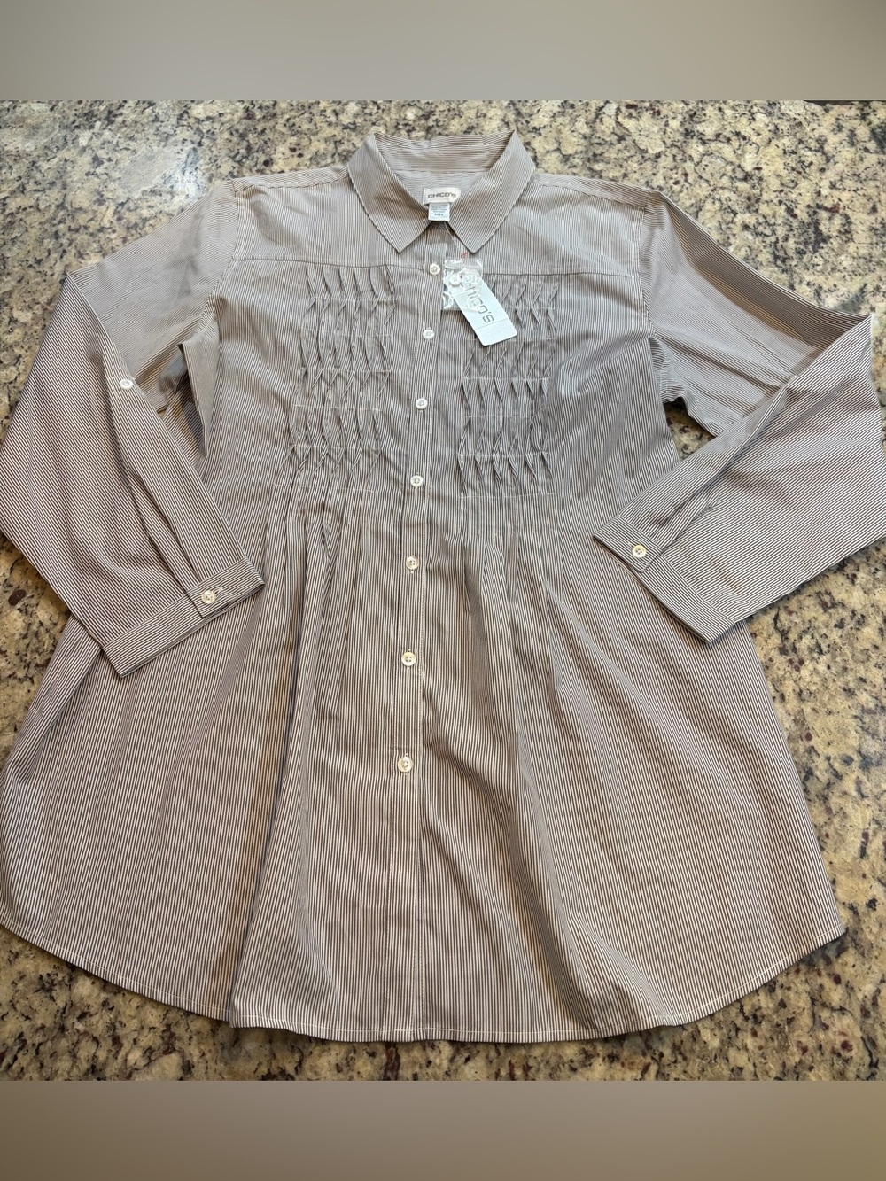 Chico's Gray and White Pinstripe Button-Down Tunic with Ruched Detail
